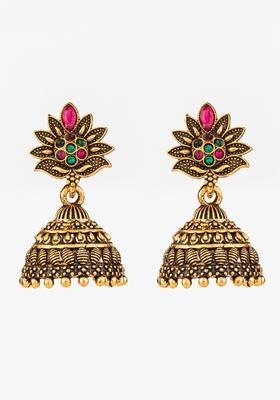 Golden Artificial Stones Alloy Jhumka Earrings