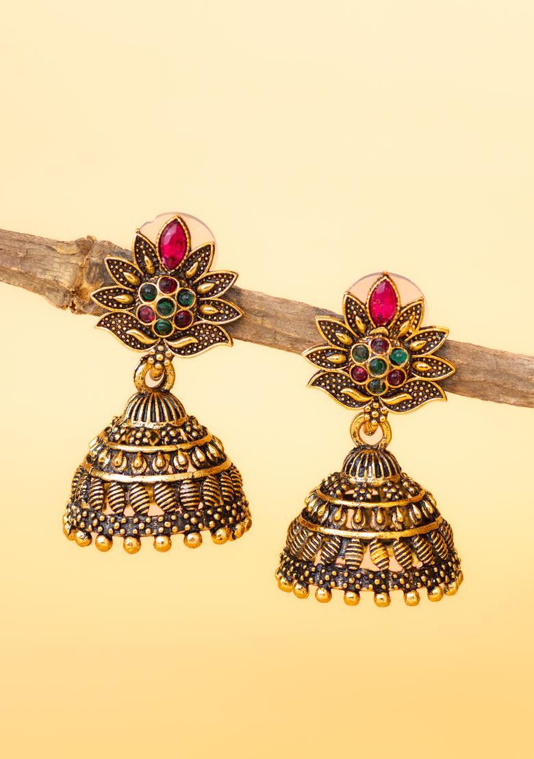 Golden Artificial Stones Alloy Jhumka Earrings - Indya