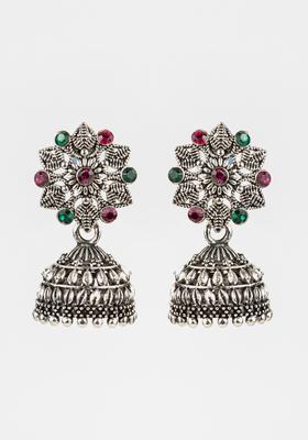 Silver Artificial Stones Alloy Jhumka Earrings