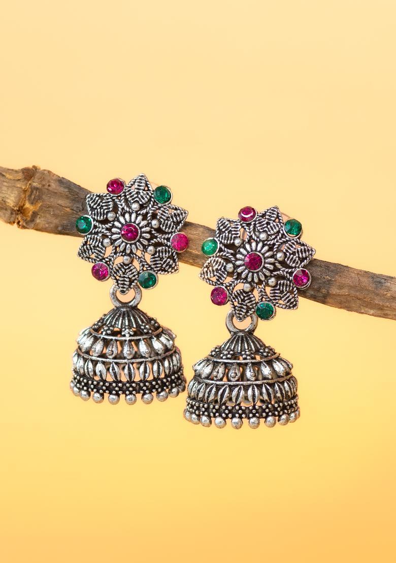 Silver Artificial Stones Alloy Jhumka Earrings - Indya