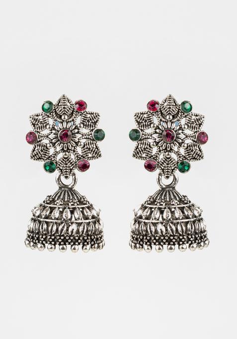 Silver Artificial Stones Alloy Jhumka Earrings