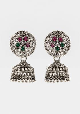 Silver Artificial Stones Alloy Jhumka Earrings