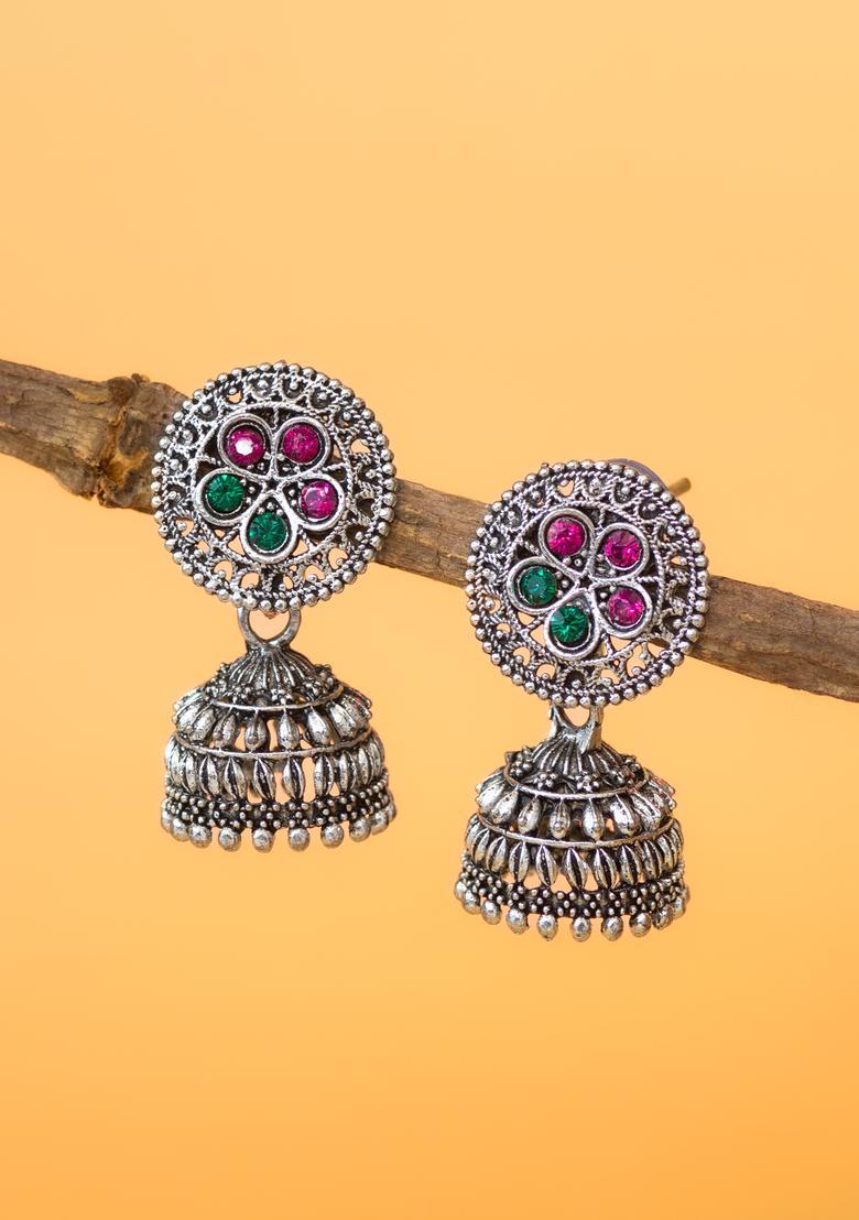 Silver Artificial Stones Alloy Jhumka Earrings - Indya
