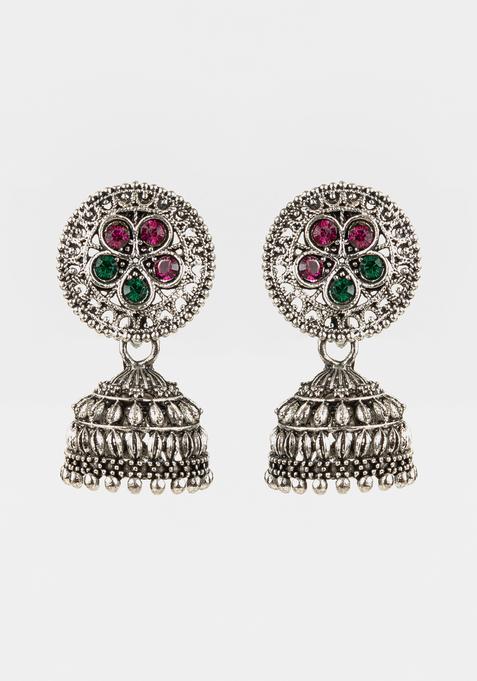Silver Artificial Stones Alloy Jhumka Earrings