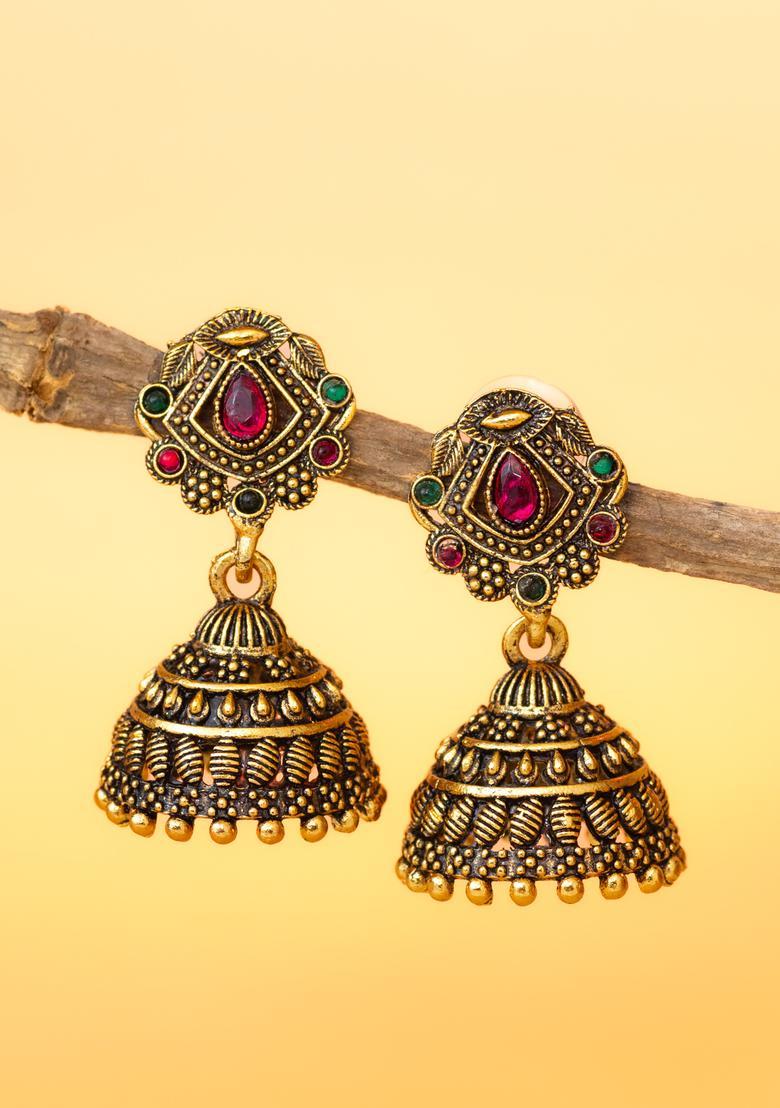 Golden Enamel Alloy Jhumka Earrings - Indya