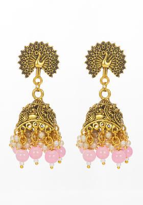 Pink Beads Alloy Jhumka Earrings