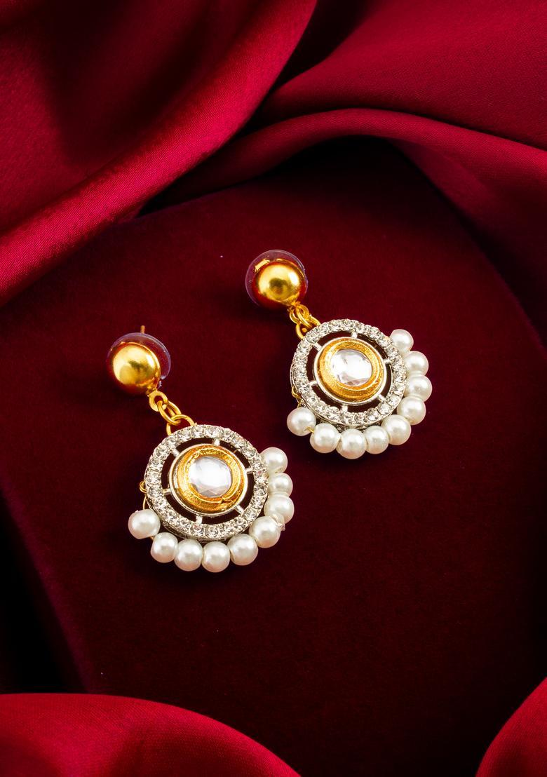 Golden Kundan Alloy Drop Earrings - Indya