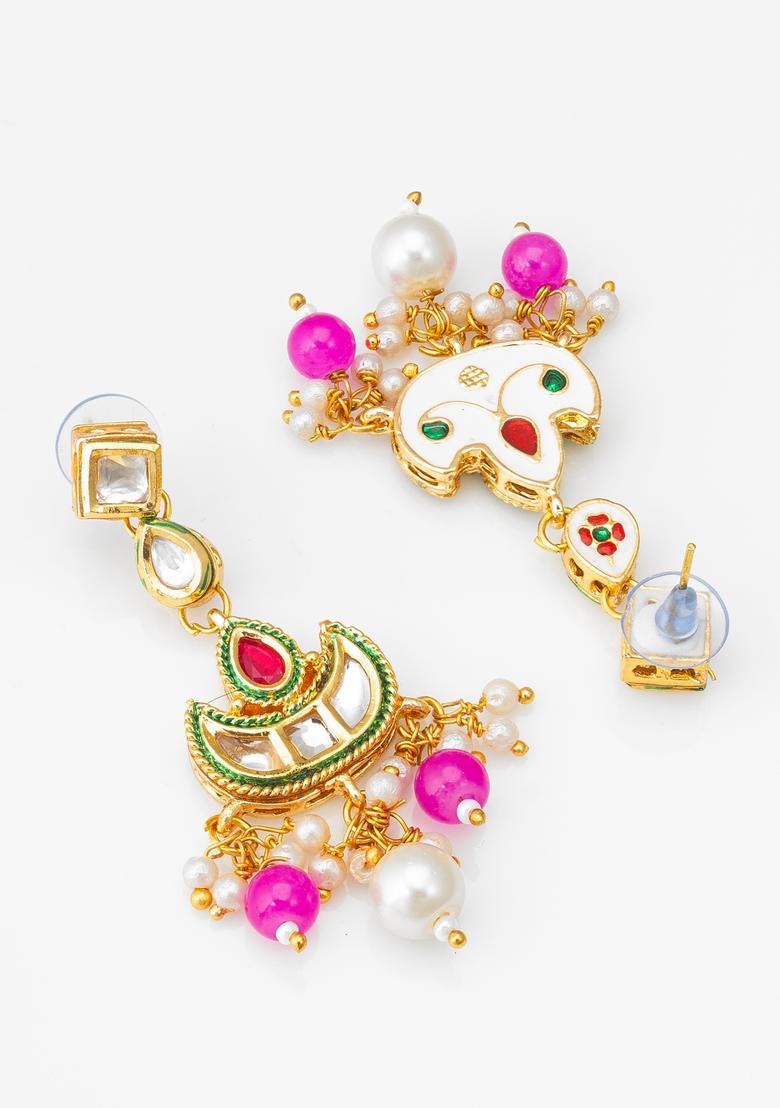 Pink Kundan Alloy Drop Earrings - Indya