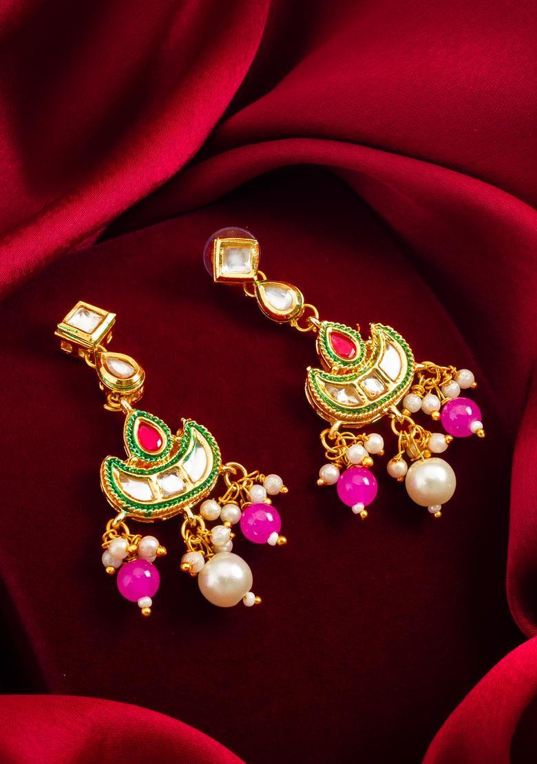 Pink Kundan Alloy Drop Earrings - Indya