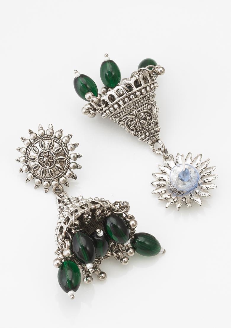 Dark Green Beads Alloy Jhumka Earrings - Indya