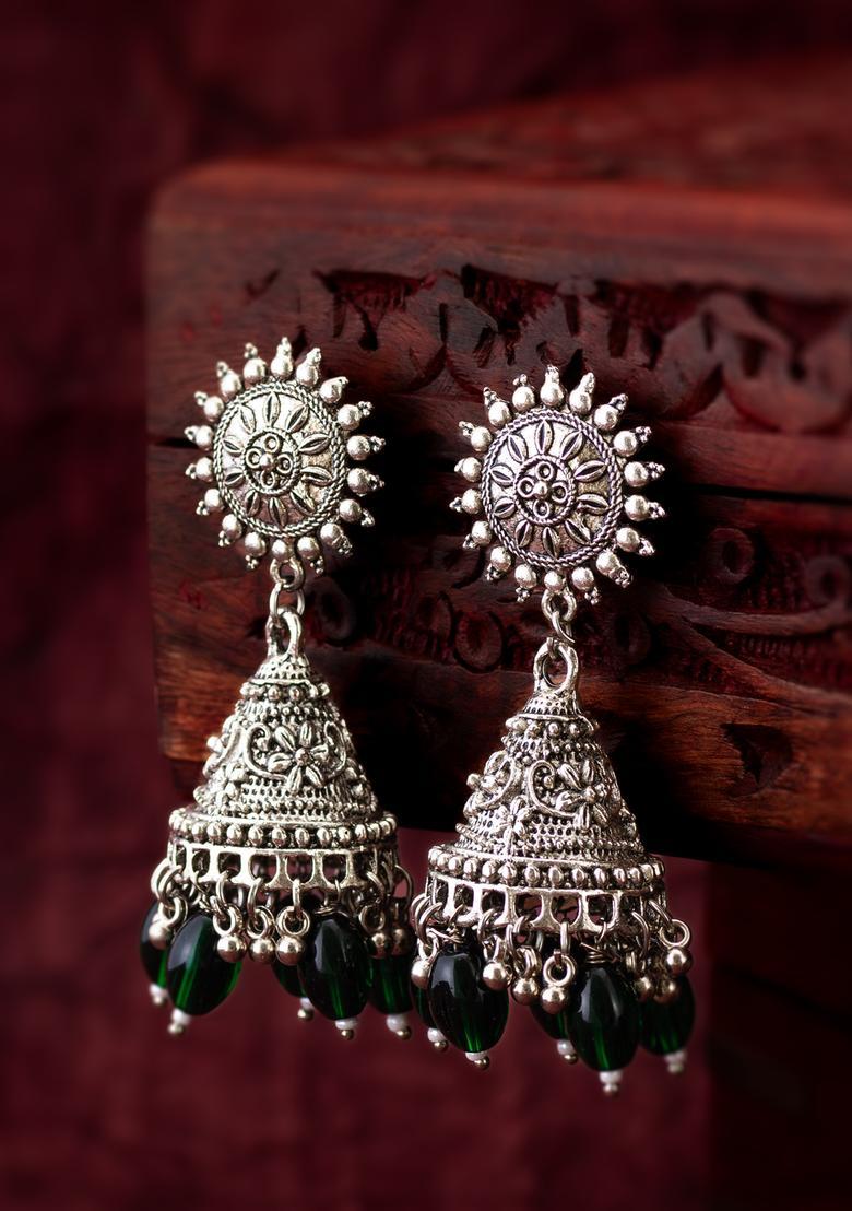 Dark Green Beads Alloy Jhumka Earrings - Indya