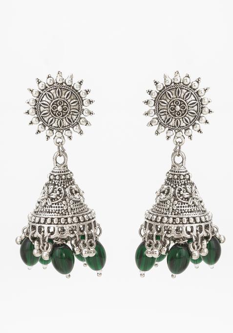 Dark Green Beads Alloy Jhumka Earrings