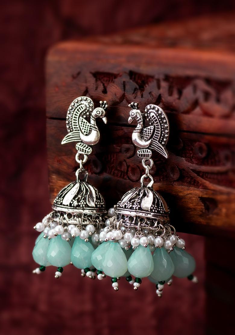 Green Beads Alloy Jhumka Earrings - Indya