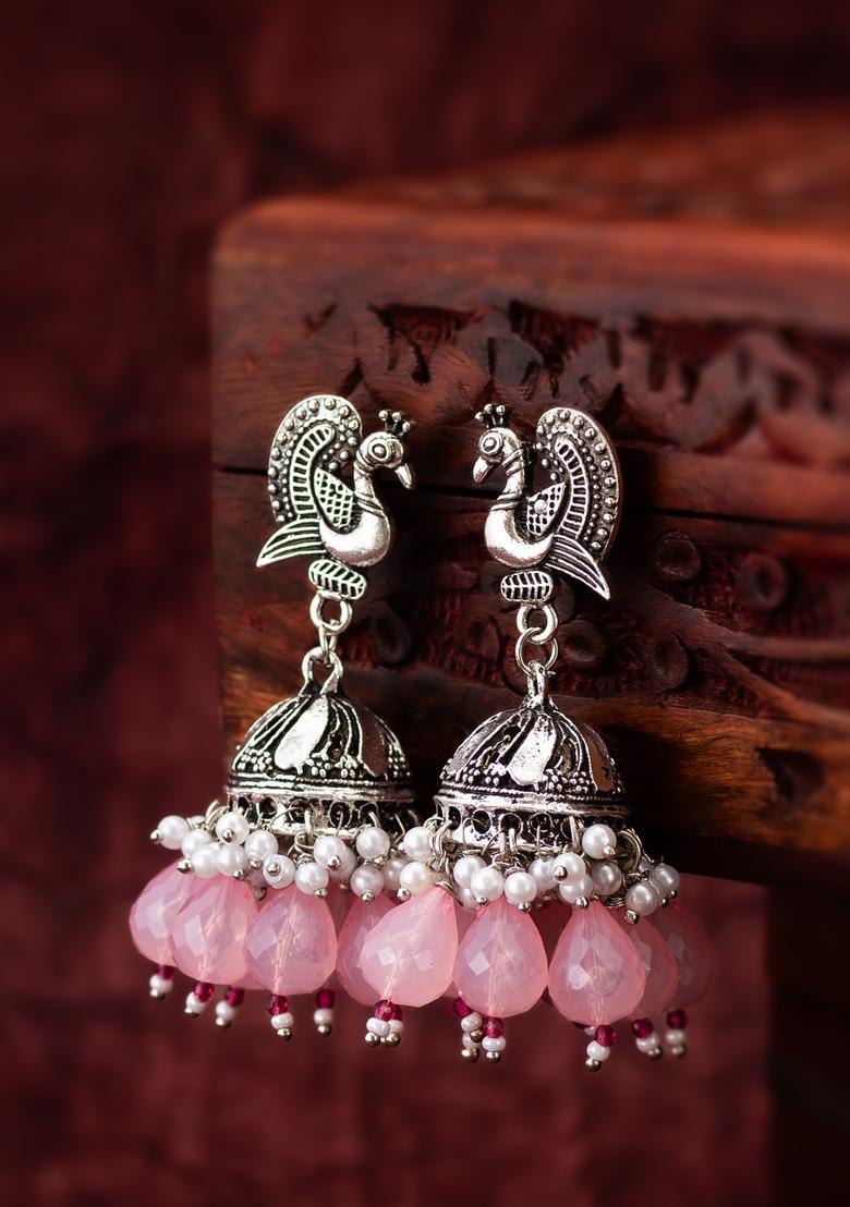 Pink Beads Alloy Jhumka Earrings - Indya