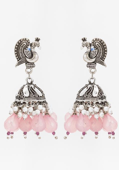 Pink Beads Alloy Jhumka Earrings