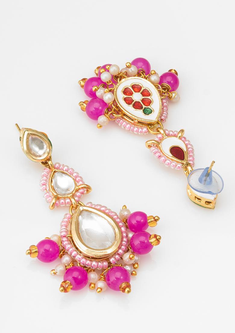 Pink Beads Alloy Drop Earrings - Indya