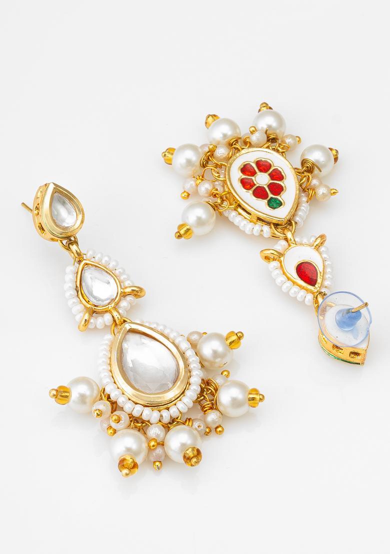 White Beads Alloy Drop Earrings - Indya