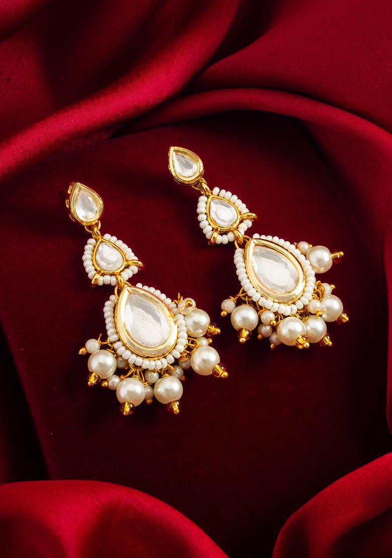 White Beads Alloy Drop Earrings - Indya