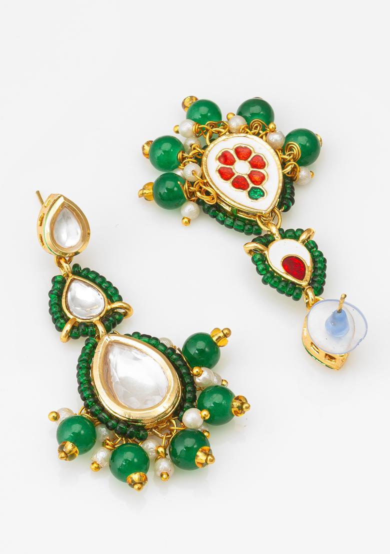 Green Beads Alloy Drop Earrings - Indya