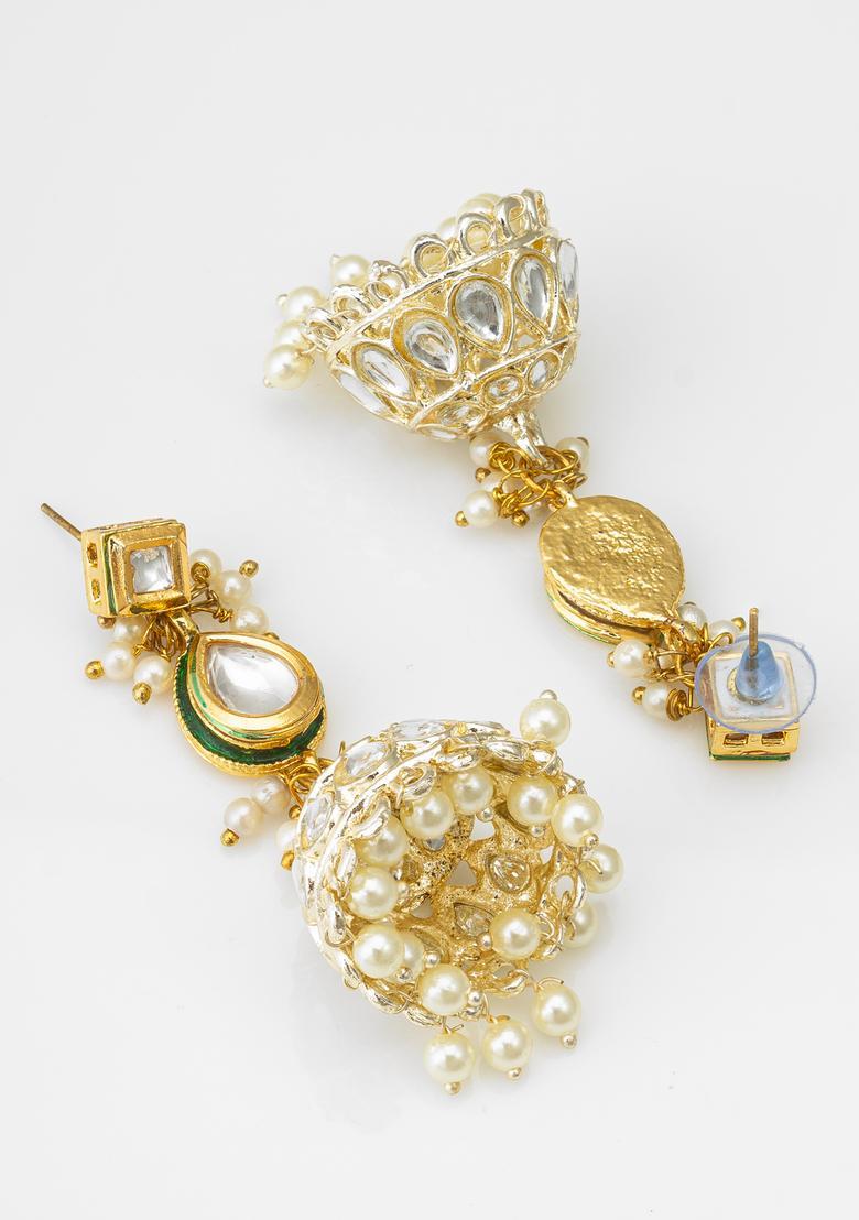 White Kundan Alloy Jhumka Earrings - Indya