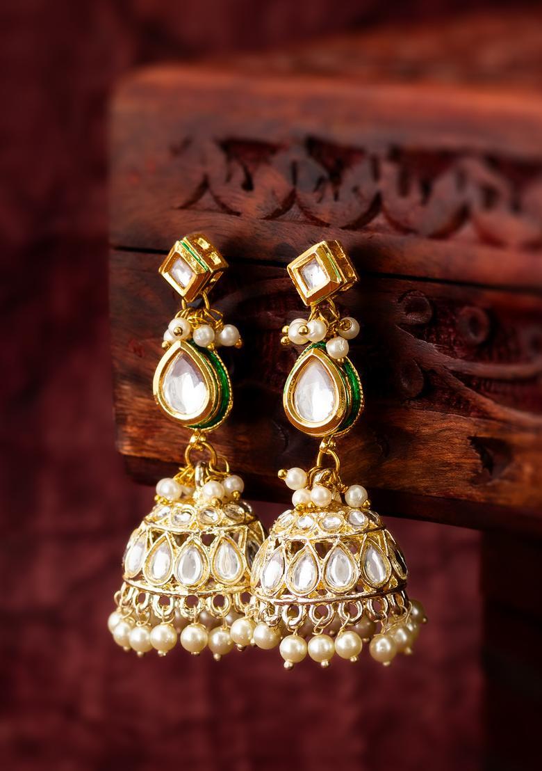 White Kundan Alloy Jhumka Earrings - Indya