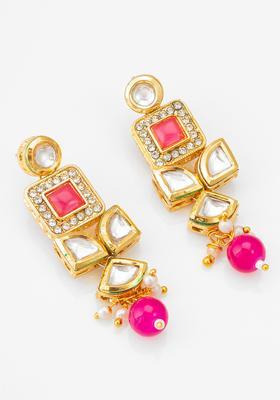 Pink Kundan Alloy Drop Earrings