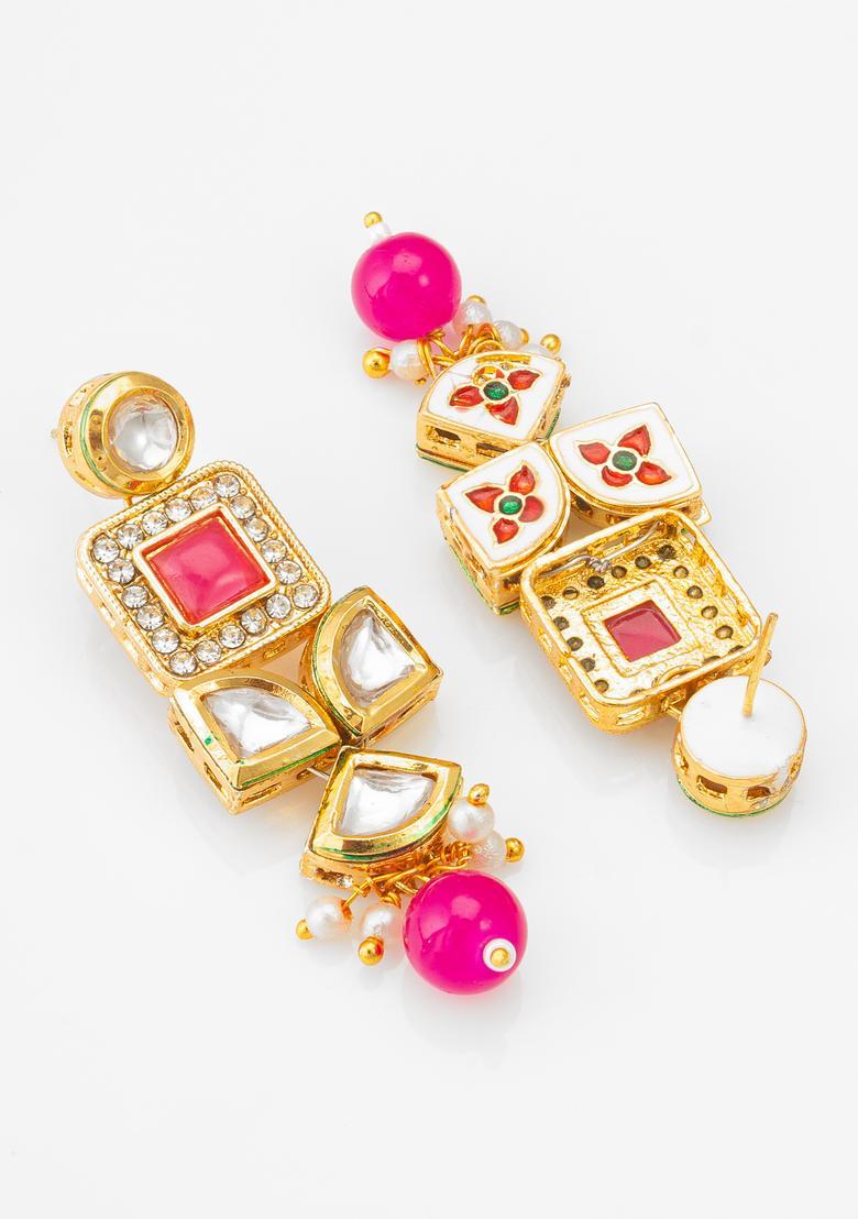 Pink Kundan Alloy Drop Earrings - Indya