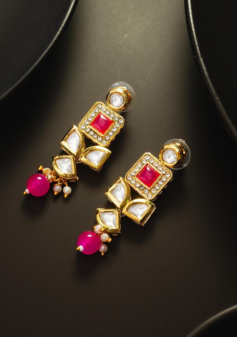 Pink Kundan Alloy Drop Earrings - Indya
