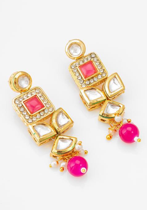Pink Kundan Alloy Drop Earrings