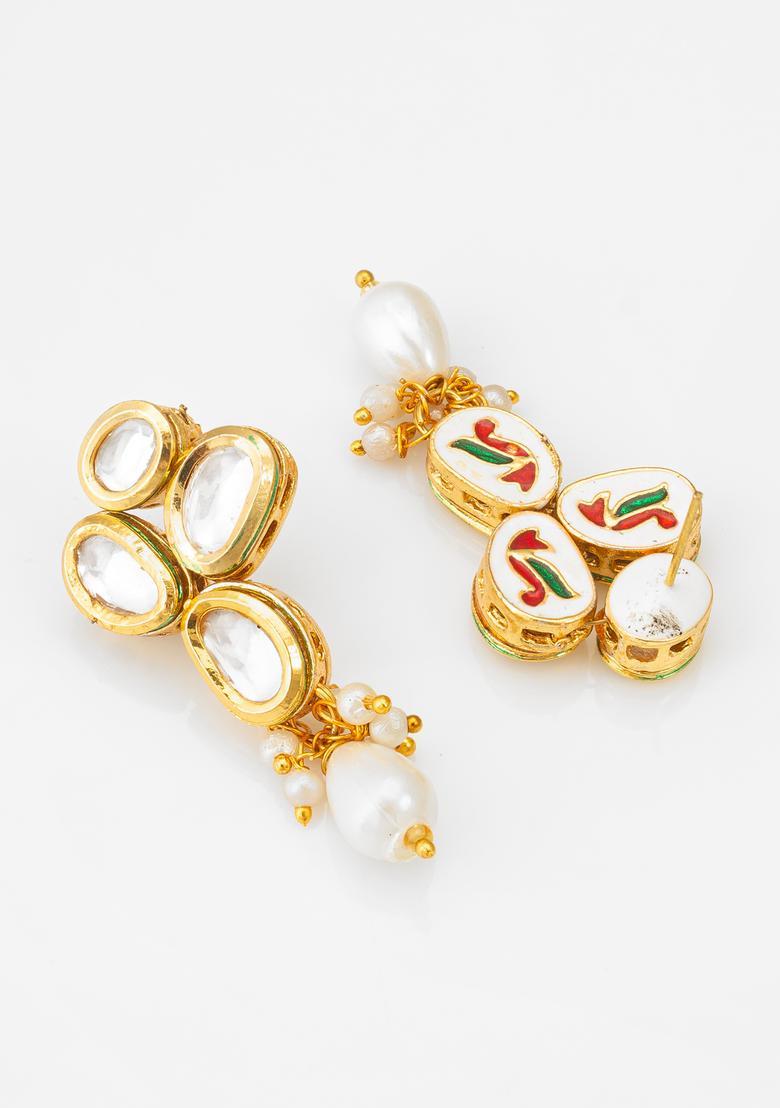 Golden Kundan Alloy Drop Earrings - Indya
