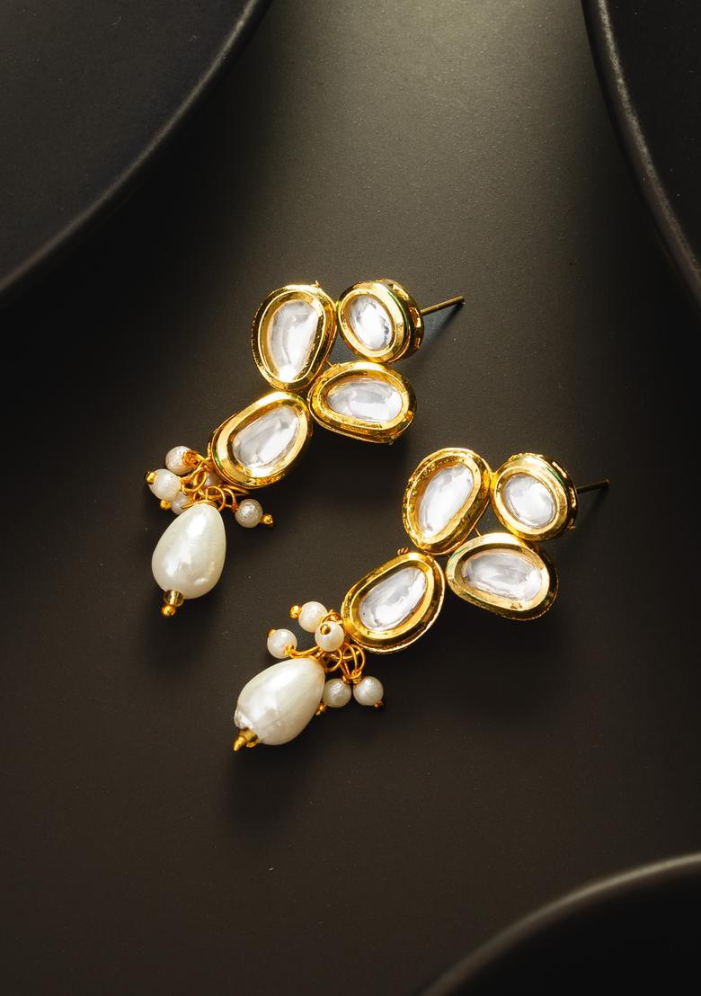 Golden Kundan Alloy Drop Earrings - Indya