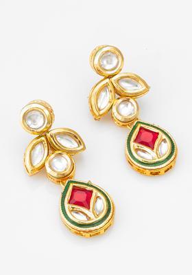 Golden Kundan Alloy Dangler Earrings