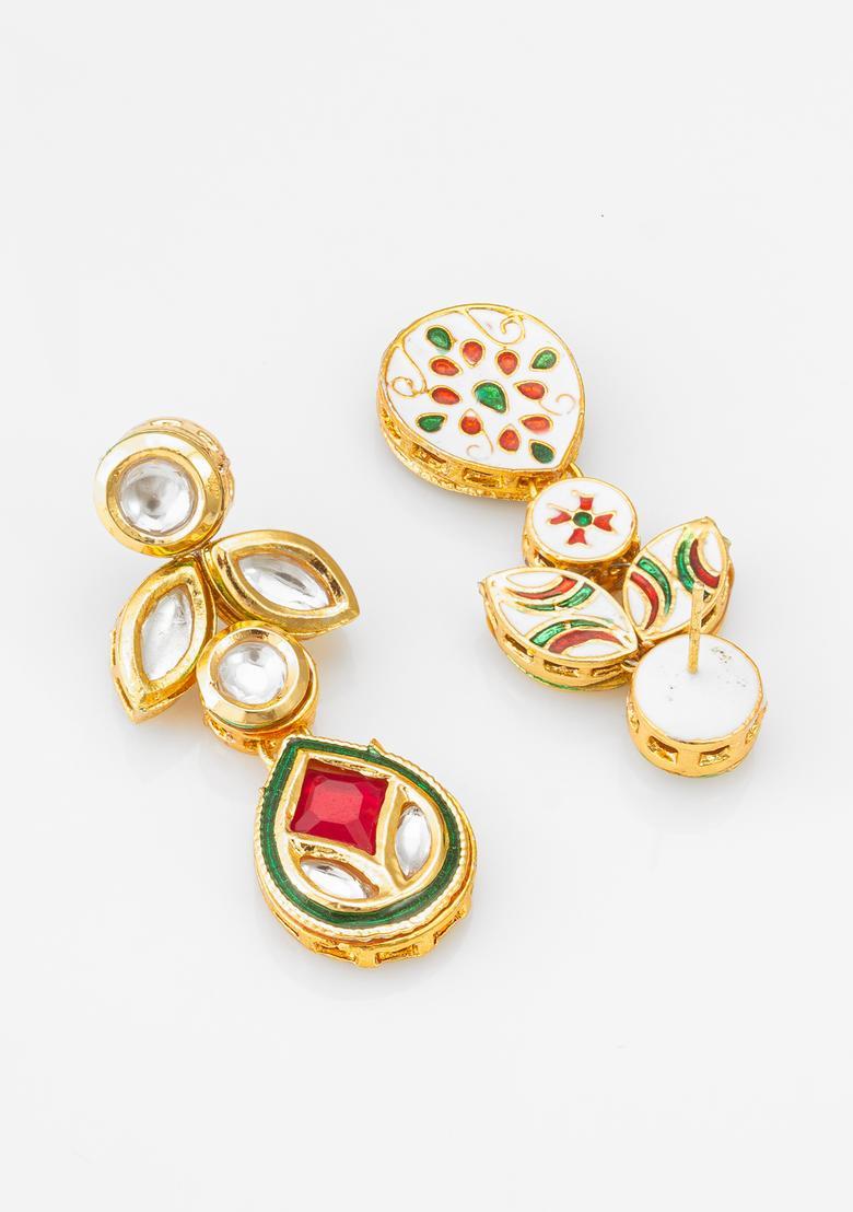 Golden Kundan Alloy Dangler Earrings - Indya