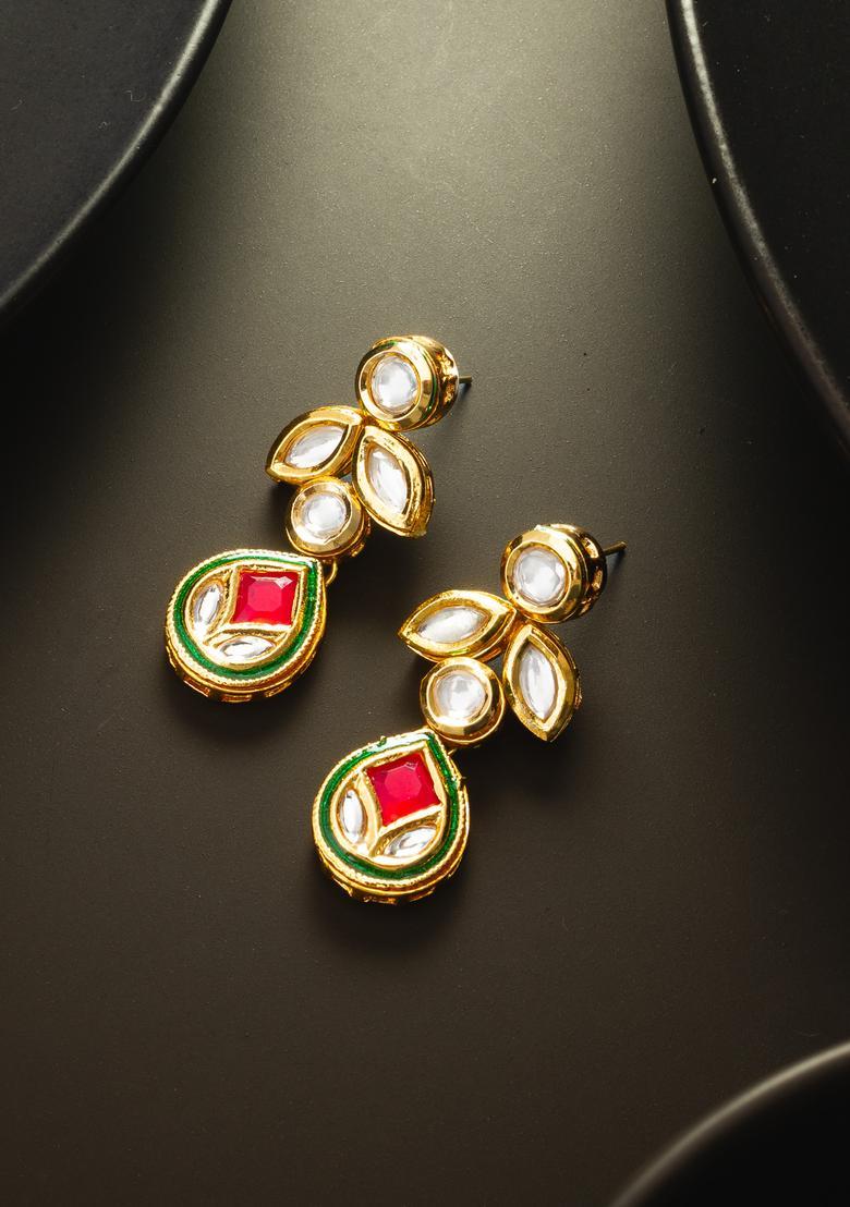 Golden Kundan Alloy Dangler Earrings - Indya