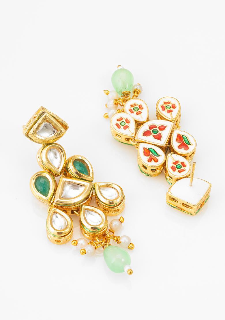 Green Kundan Alloy Dangler Earrings - Indya