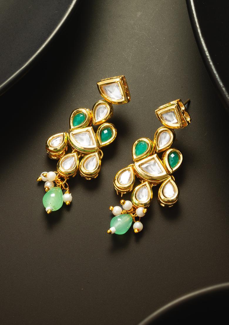 Green Kundan Alloy Dangler Earrings - Indya