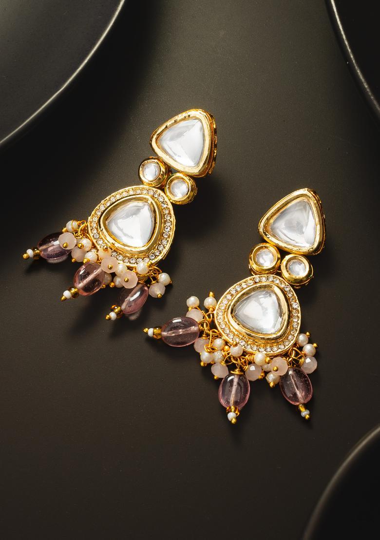 Pink Kundan Alloy Drop Earrings - Indya