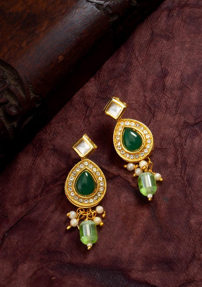 Green Kundan Alloy Earrings - Indya
