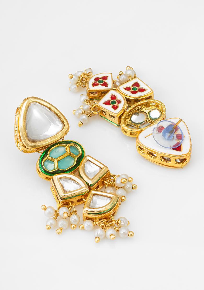 Green Kundan Alloy Drop Earrings - Indya