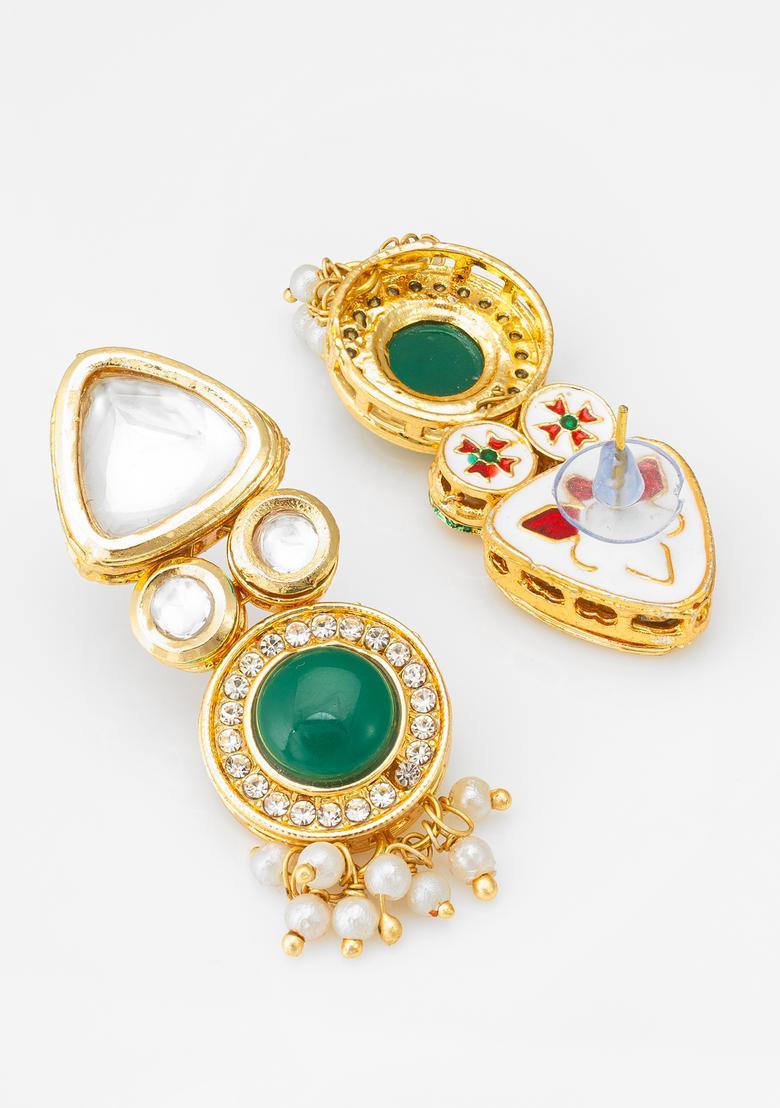 Green Kundan Alloy Drop Earrings - Indya