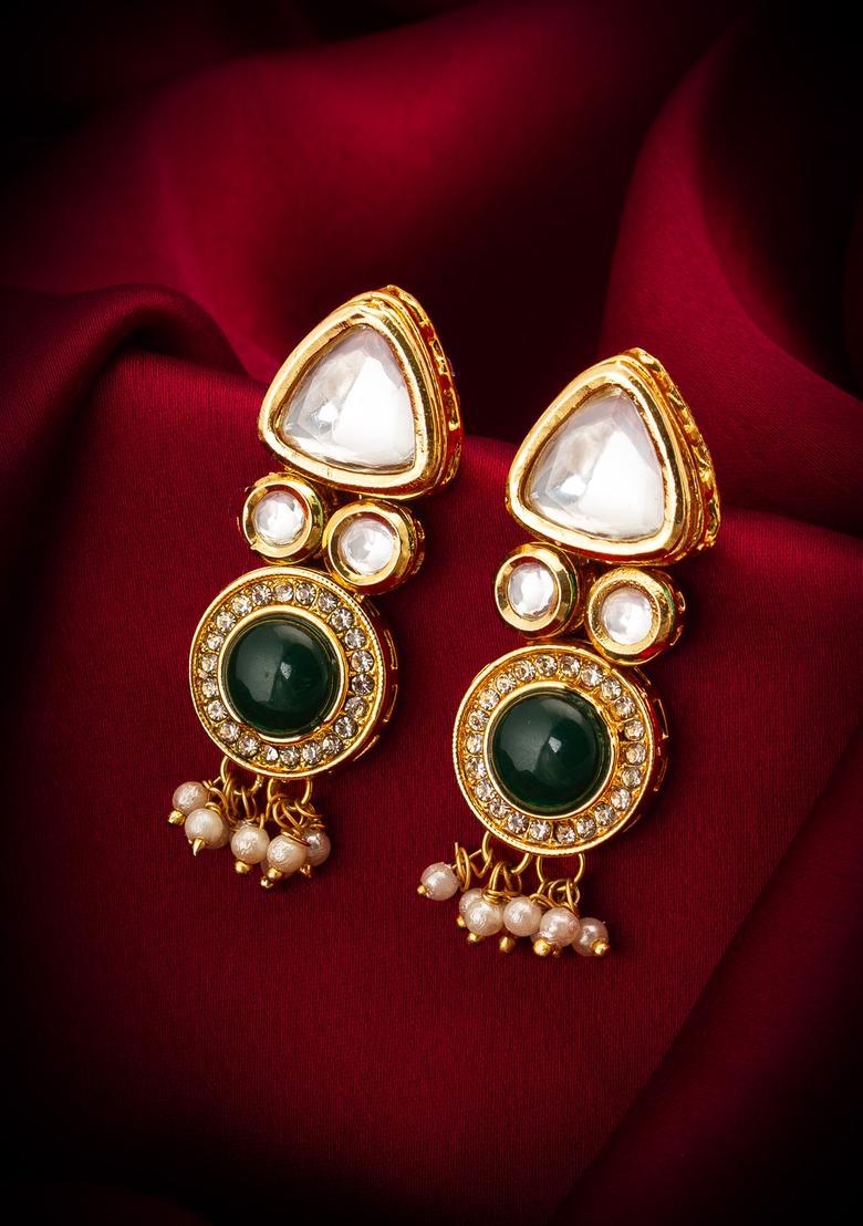 Green Kundan Alloy Drop Earrings - Indya