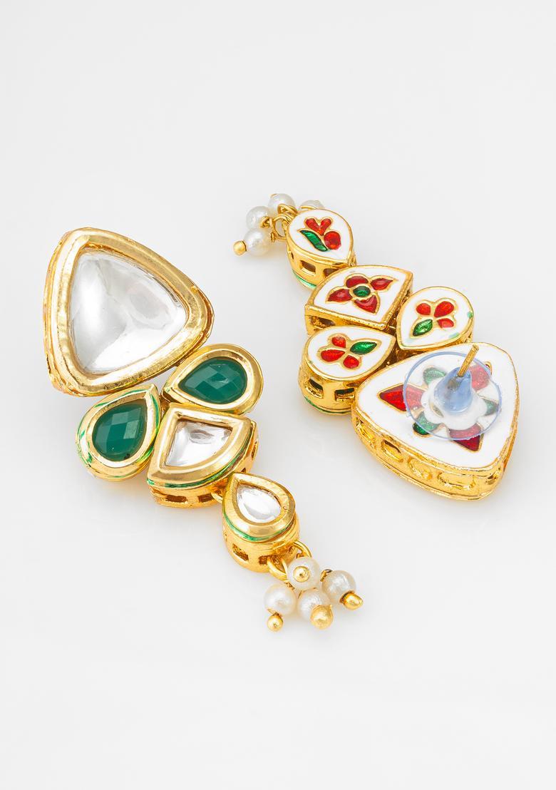 Green Kundan Alloy Drop Earrings - Indya