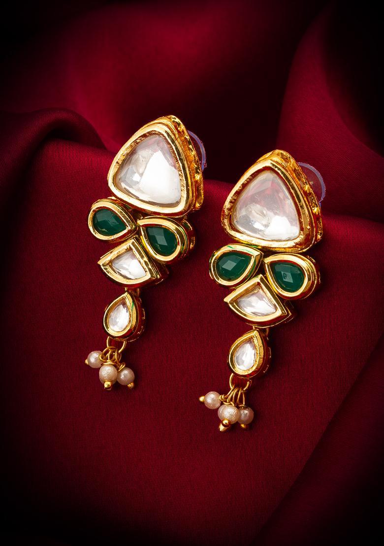 Green Kundan Alloy Drop Earrings - Indya