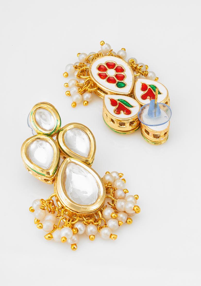 Golden Kundan Alloy Drop Earrings - Indya