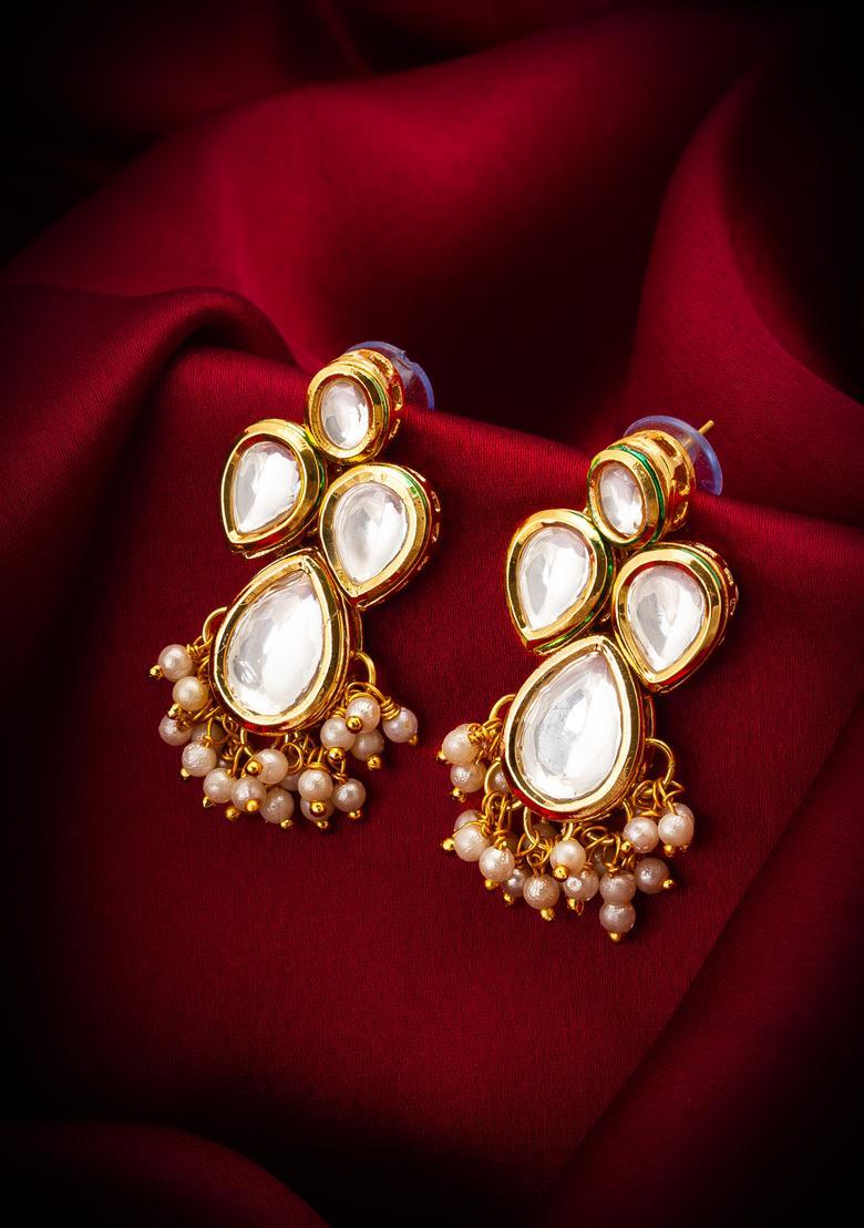 Golden Kundan Alloy Drop Earrings - Indya