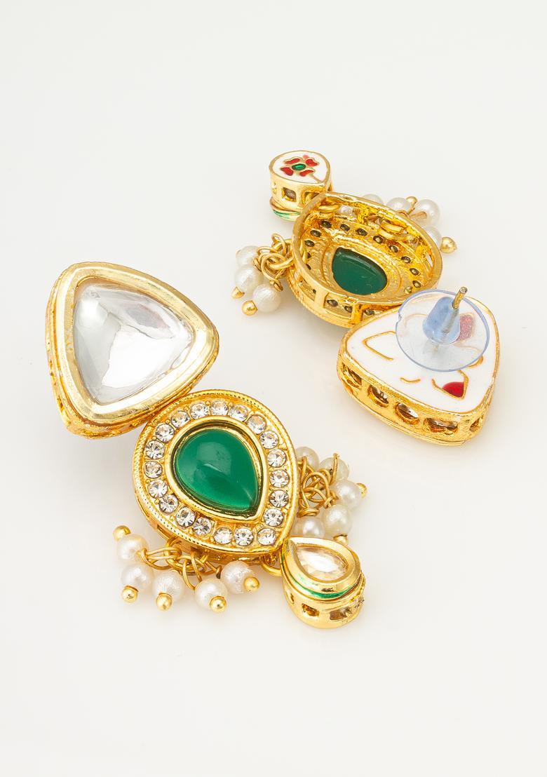 Green Kundan Alloy Drop Earrings - Indya