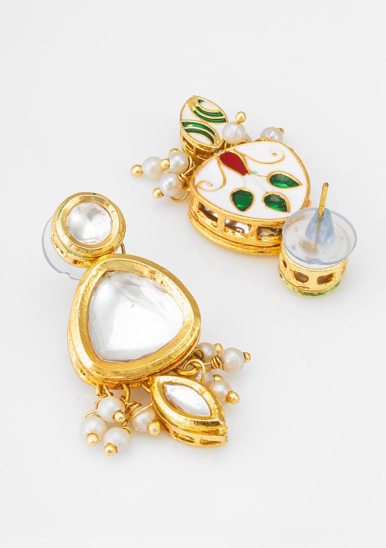 Golden Kundan Alloy Drop Earrings - Indya