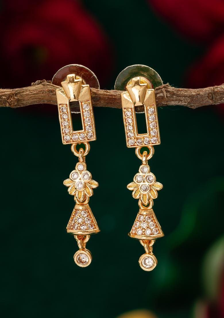 Golden Diamond Alloy Dangler Earrings - Indya