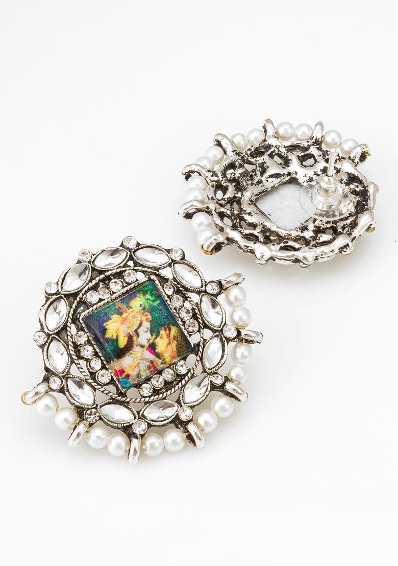 Silver Kundan Alloy Stud Earrings - Indya
