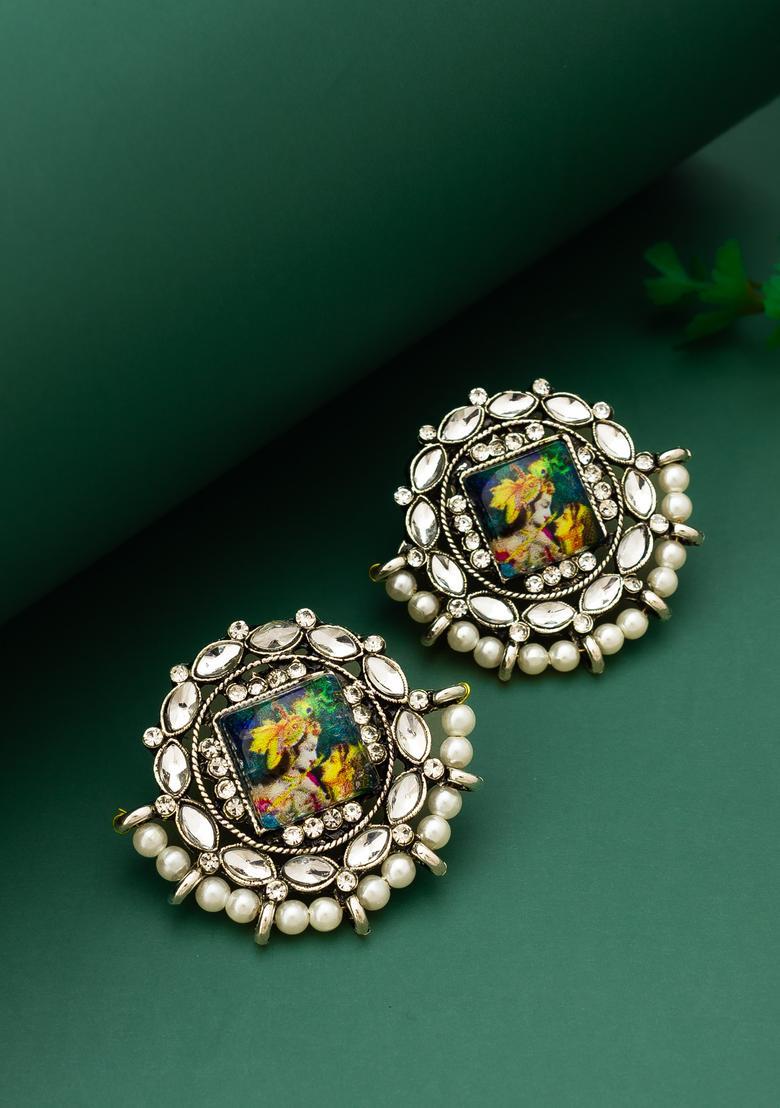 Silver Kundan Alloy Stud Earrings - Indya
